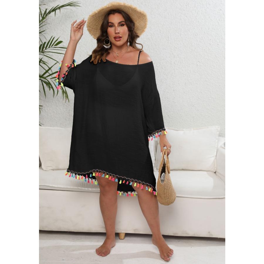 Vestido de mujer de gran tamaño, color blanco, negro, albaricoque, con borlas y retazos, cuello oblicuo, Sexy, sin espalda, atado, para playa, Bikini, vestidos