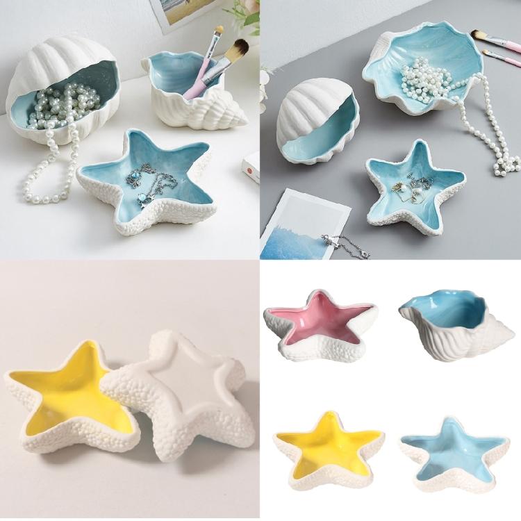 Ocean Jewelry and Trinkets Holder Marine Life Ceramic Jewelry Dish in Conch Designs Shell Organizers for Home Decors