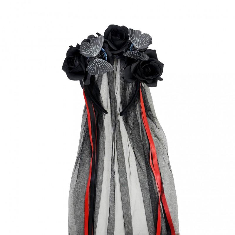 Handmade Floral Headband With Rose Blooms Black Veil Wings Ribbon Halloween Party Festival Costume Accessory Women