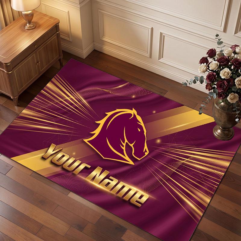 Brisbane Broncos Personalisierter Kristall-Samt-Teppich, Benutzerdefinierter Name Text Weicher Anti-Rutsch-Teppich für Wohnzimmer Schlafzimmer