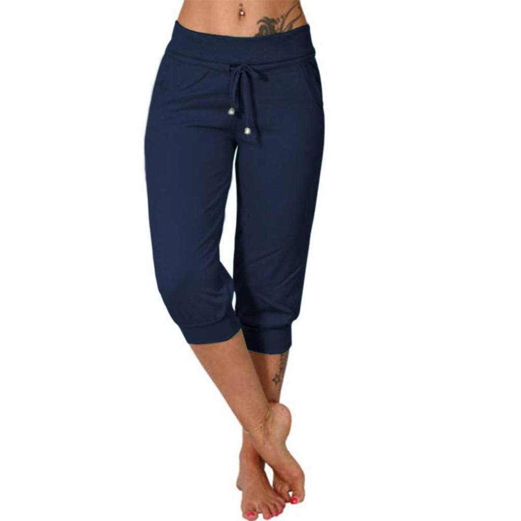 Women Classic Solid Color Jogging Pants Cotton Linen Capris Trousers Bandage Double Pocket Pants Summer Beach Vacation Wear