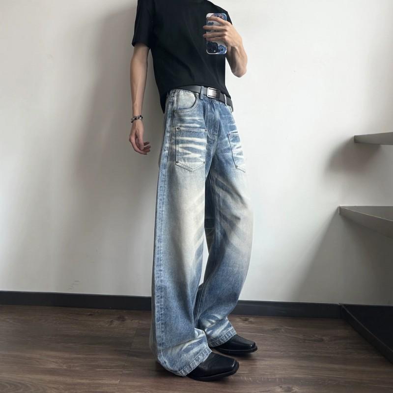Mens Distressed Washed Denim Jeans Loose Straight Cut Vintage Streetwear Style