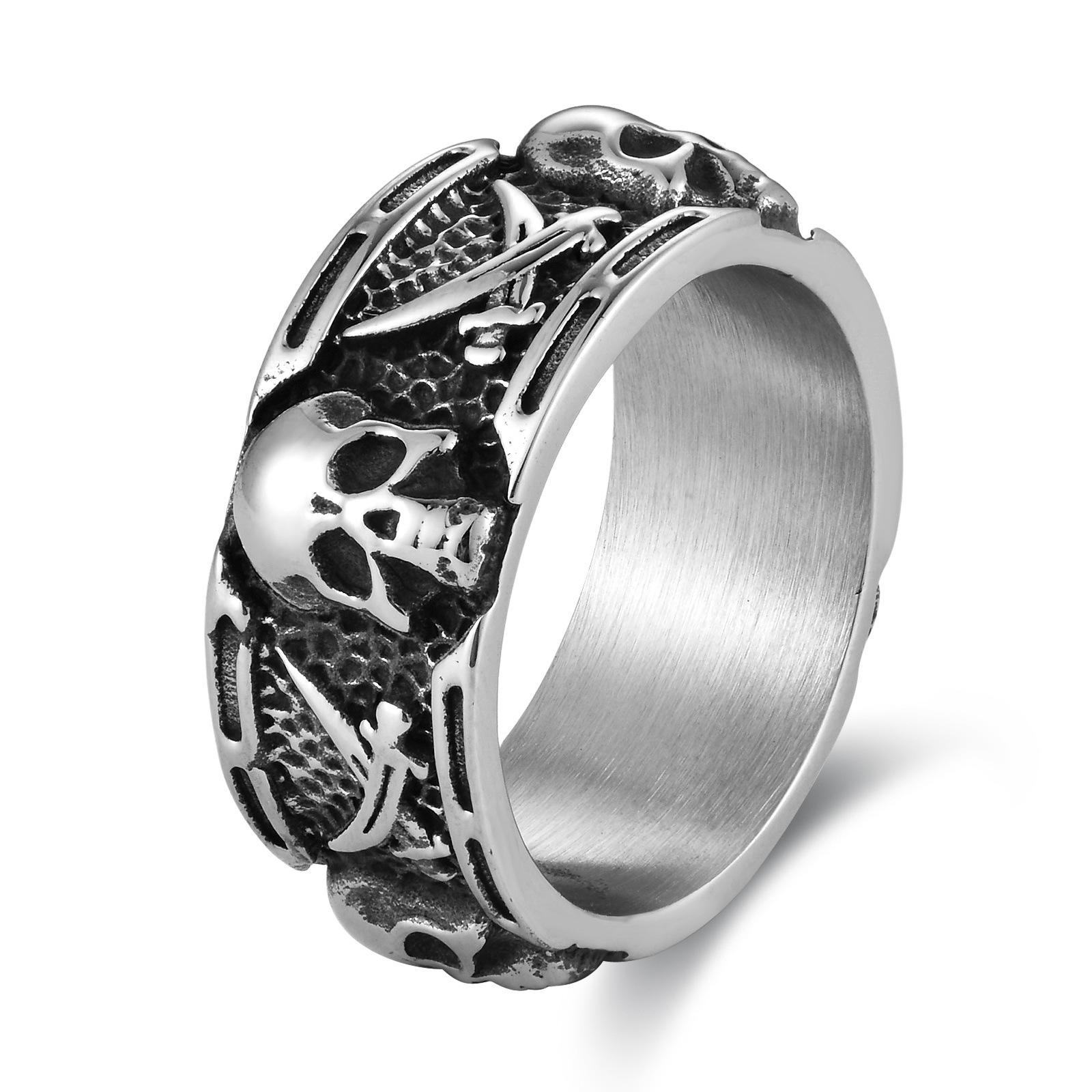 New Punk Hip Hop Skull Ring Male, Cross-border Stainless Steel Personalized Retro Double Scythe Skull Ring 8