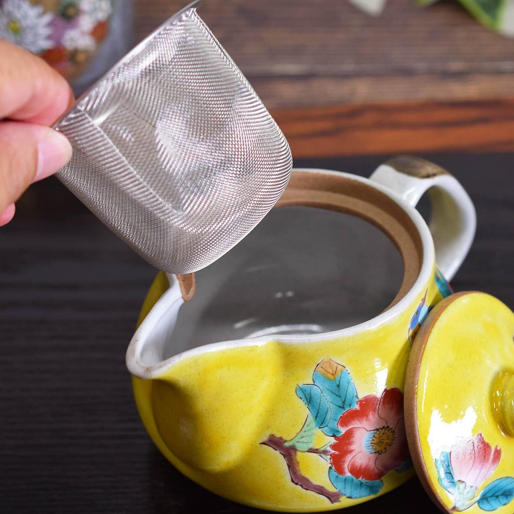 Teekanne, stilvolles Geschirr, Kutani Ware Pot, Yoshidaya, Kamelie und Vogel, Keramikmarke, japanisches Geschirr, hergestellt in Japan, kommt mit Teesiebnetz