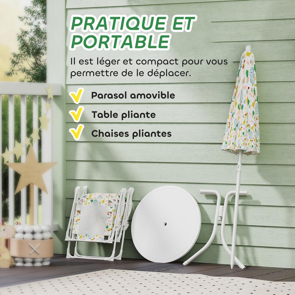 Children's 4-piece outdoor garden furniture set, elephant and giraffe design, adjustable parasol ? 100 cm, folding chair