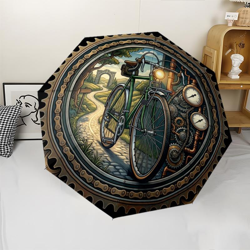 Steampunk Bicycle Journey Pattern Umbrella, Portable and Foldable Design, 8 Ribs, a Casual Accessory for Halloween, Christmas, and Birthday Gifts.