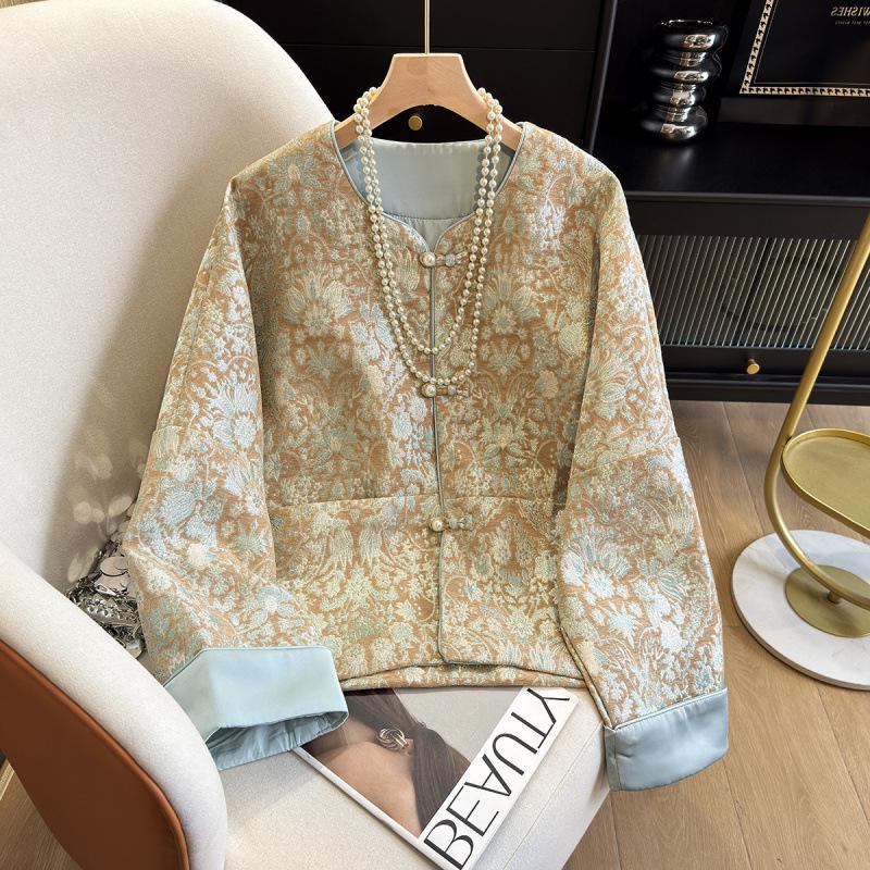 Women's Jacquard Frog Button Retro Jacket - Plus Size, Anti-aging, New Chinese Style
