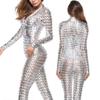 Women Mesh Hole Zipper Faux Patent Leather Tight Jumpsuit Nightclub Bodysuit