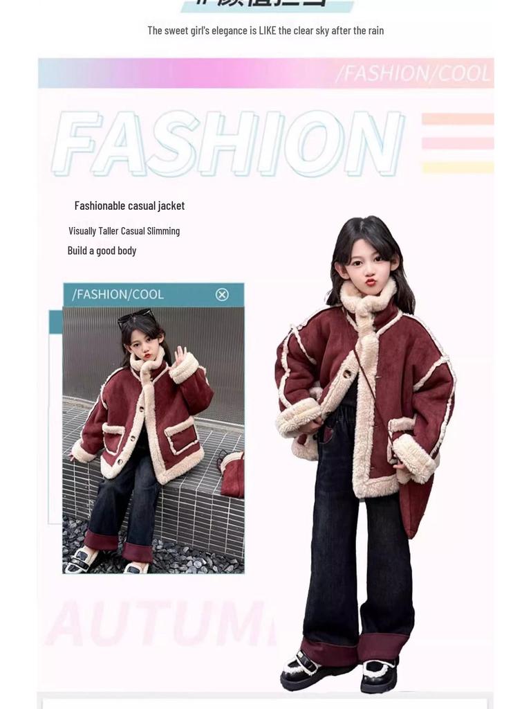 2025 Red Velvet Winter Coat for Big Kids - Thickened All-in-One Fashion
