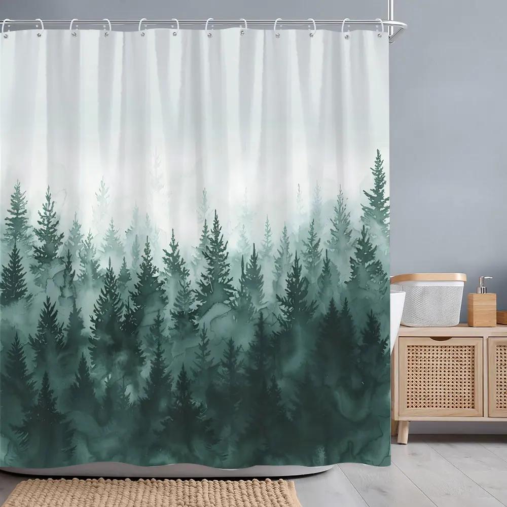 Misty Forest Shower Curtain Dreamy Rainforest Watercolour Print Polyester Fabric Shower Curtains Bathroom Decoration with Hooks