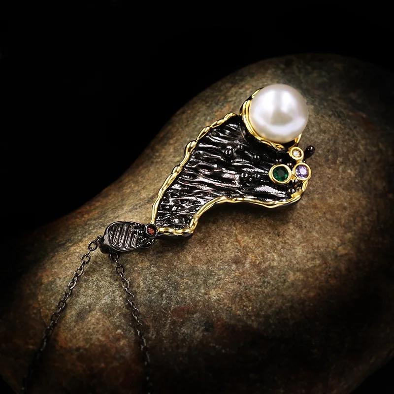 Vintage Bohemian Style Necklace Irregular Color Pattern Zircon Pearl Black Gold Series Pendant Clavicle Chain Ladies Jewelry