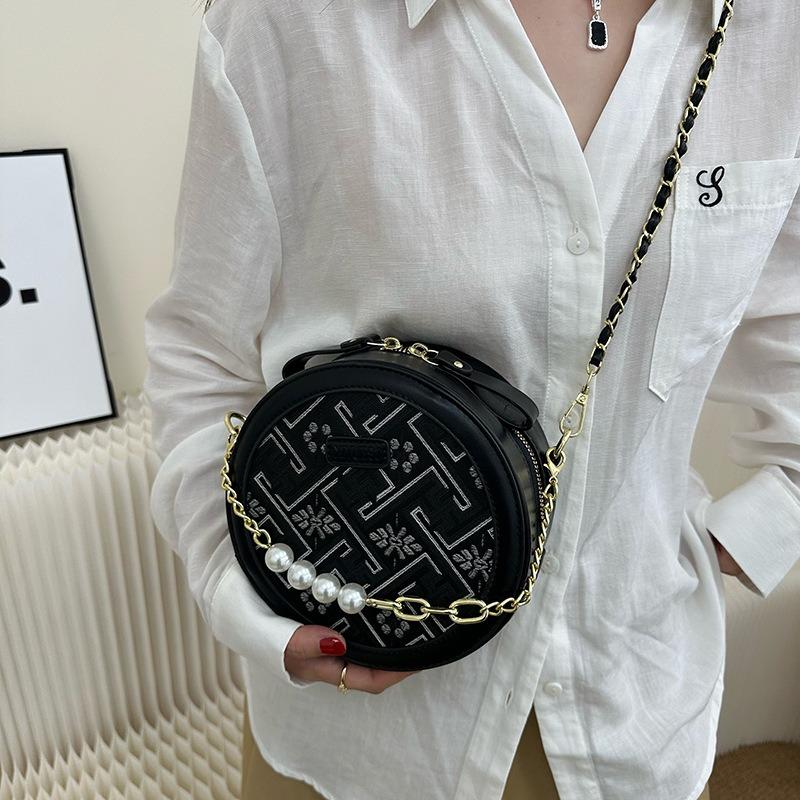 Embroidery Small Bag Women's New Trendy Fashion Pearl Chain Small Round Bag Textured Messenger Bag