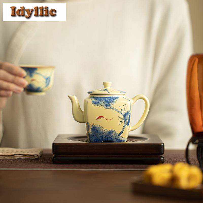 200ml Ru Kiln Yellow Fish Playing In Lotus Pond Square Teapot Traditional Tea Infuser Pot Tea Maker Kettle With Strainer Craft
