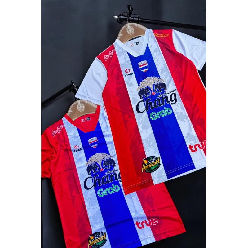 Thailand National Football Soccer Training JERSEY CHEER Fan Print Vintage Quick Dry V Neck Shirt Short Sleeve Uniform Elephant Logo Sport