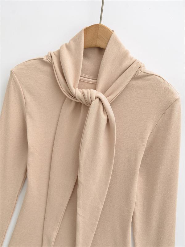 2026 Spring Korean Style Elegant Lace-up Faux Cashmere Long Sleeve Women's Top with Scarf