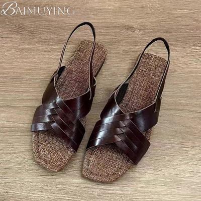 Fashion Women's Sandals Square Toe Flats Weave Casual Shoes Woman Loafers 2025 Trend Summer Shallow Comfort Sandalias De Mujer Plus Size
