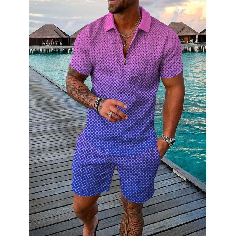 2025 summer men's 3D digital printing short-sleeved polo fashion sports and leisure suit foreign trade men's solid color