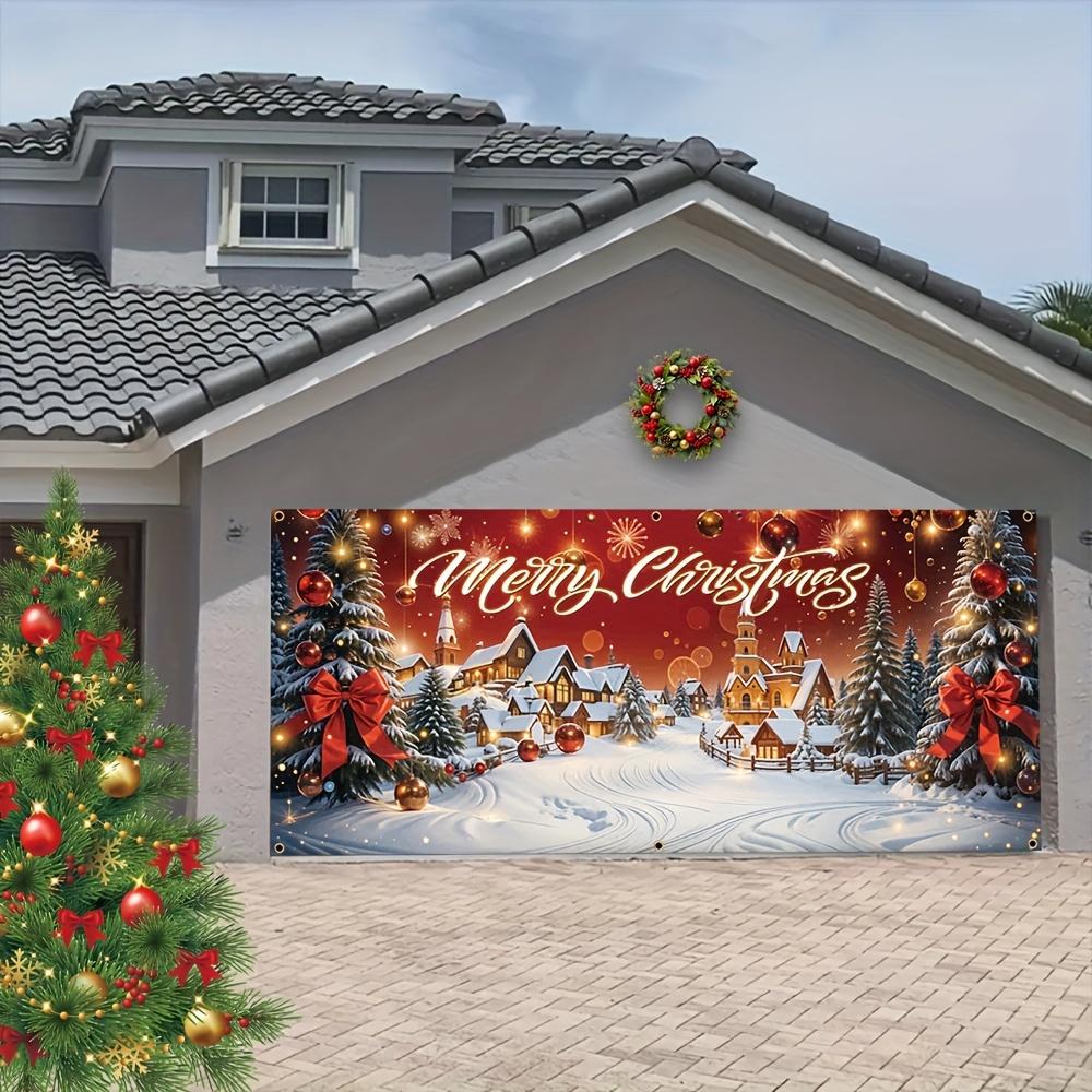 Christmas Garage Banner - Snow Village and Tree Design, Suitable for Winter Festivals and Home Decoration
