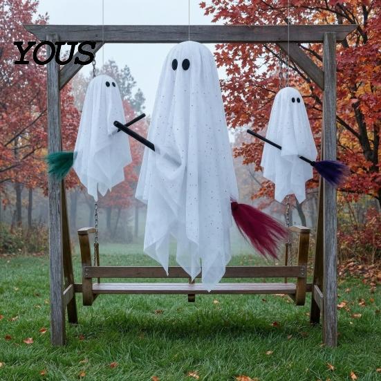 Weather Resistant Halloween Decor 3 Pcs Hanging Ghosts on Brooms, Spooky Flying Gauze Ghost Lighted Yard Sign with Broomstick for Tree, Porch,