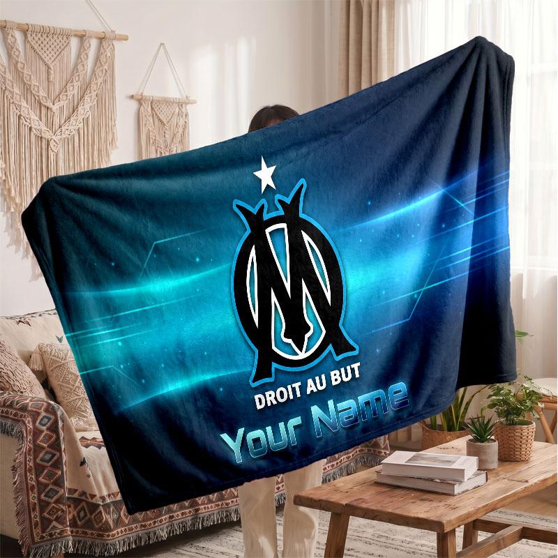 Olympique Marseille FC Personalized Fleece Blanket With Football Logo, Custom Name Text Soft Warm Home Throw Blanket