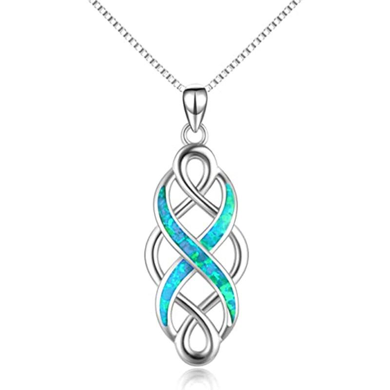 Silver Plated Opal Celtic Knot Pendant Necklace, Infinity Blue Opal Intertwined Box Chain Necklace for Women