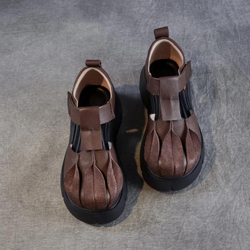 Johnature Retro Thick Soled Sandals Genuine Leather Comfortable Round Toe Versatile Women's Platform Shoes