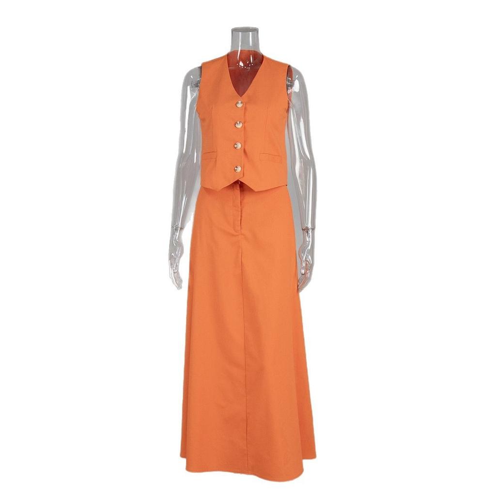 Women's  Summer Cotton Linen Vest Maxi Skirt Two Piece Set Casual Outfit, European American Style Casual Matching Suit