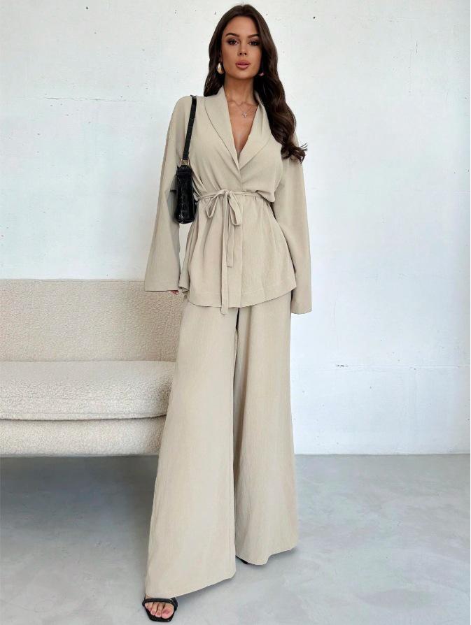 Ensemble Pantalon Jambe Large Élégant à Manches Longues et Col en V pour Femme Automne/Hiver 2025