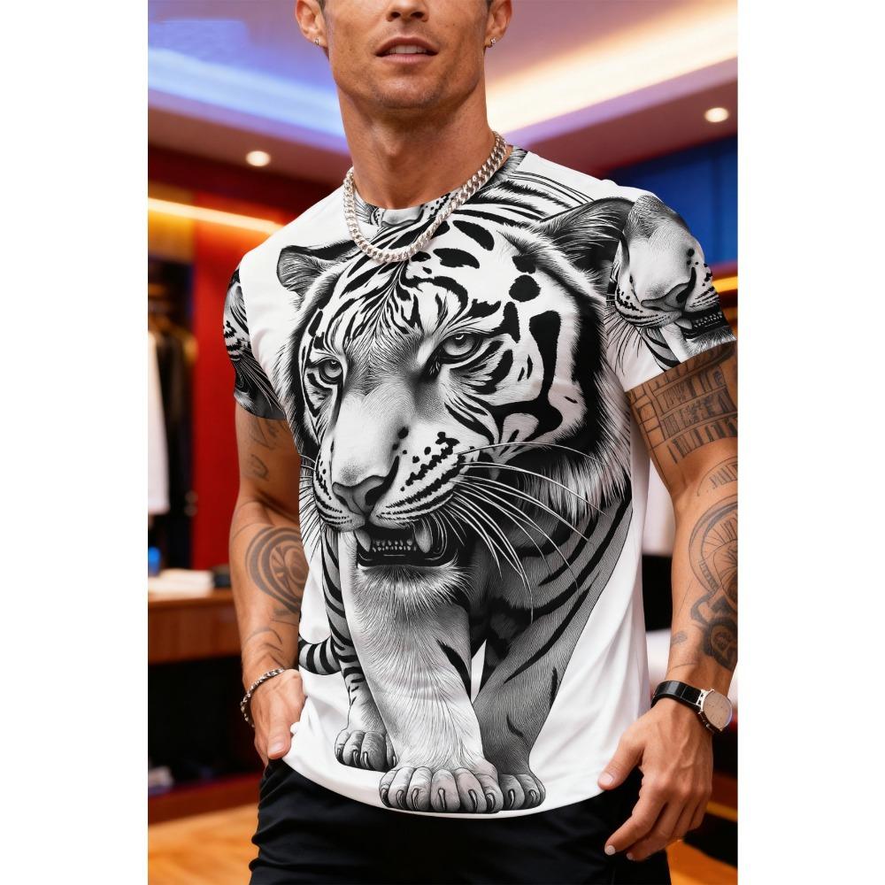 Men's Round Neck Casual Sports Comfortable Soft Large Loose Breathable T-shirt Summer Fashion Colorful Creative Fun Animal Short Sleeved T-shirt