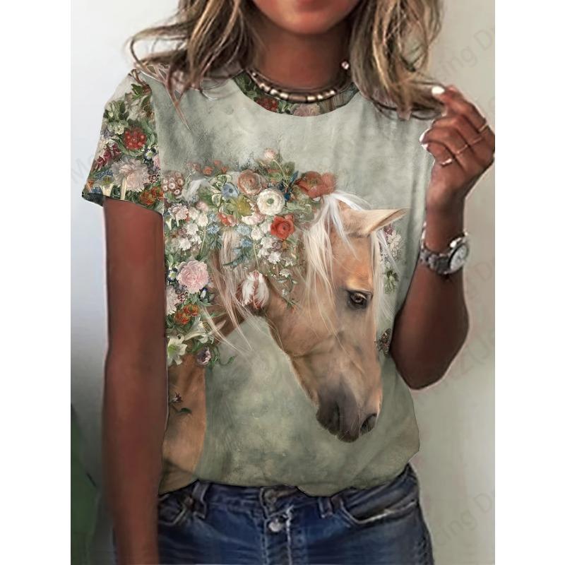 Summer Round Neck 3D Horse Pig Pattern Printed Top Fashionable Casual Short Sleeved Women's T-shirts