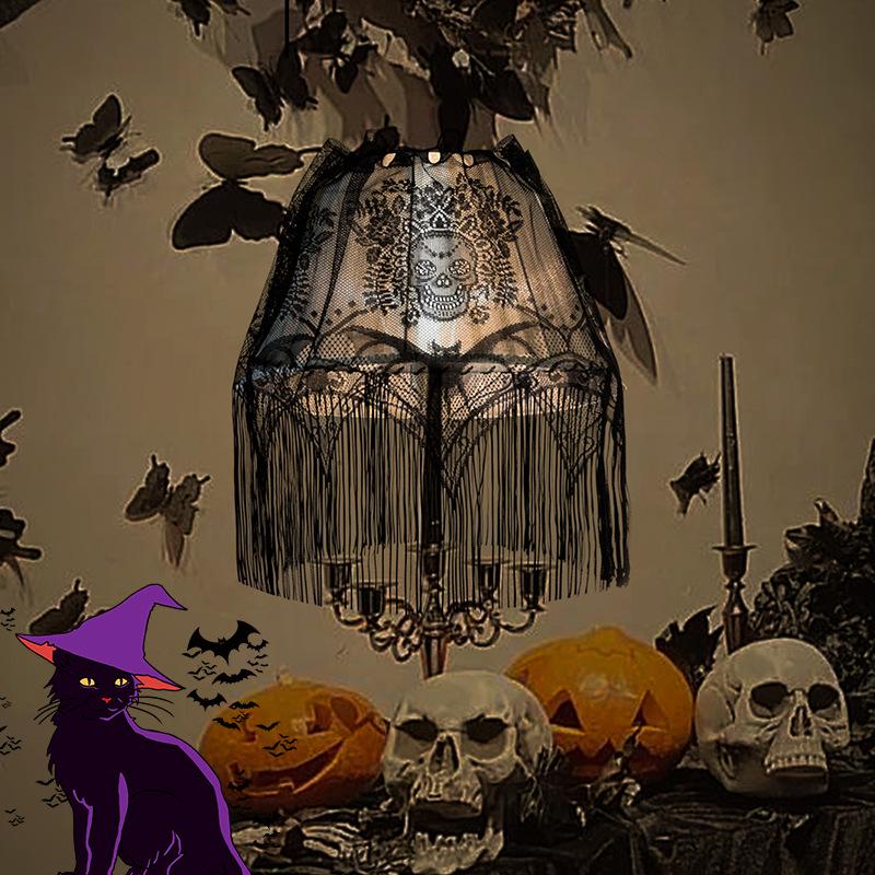 Decoración de Fiesta de Encaje para Halloween: Pantalla de Lámpara de Cortina de Murciélago y Calavera