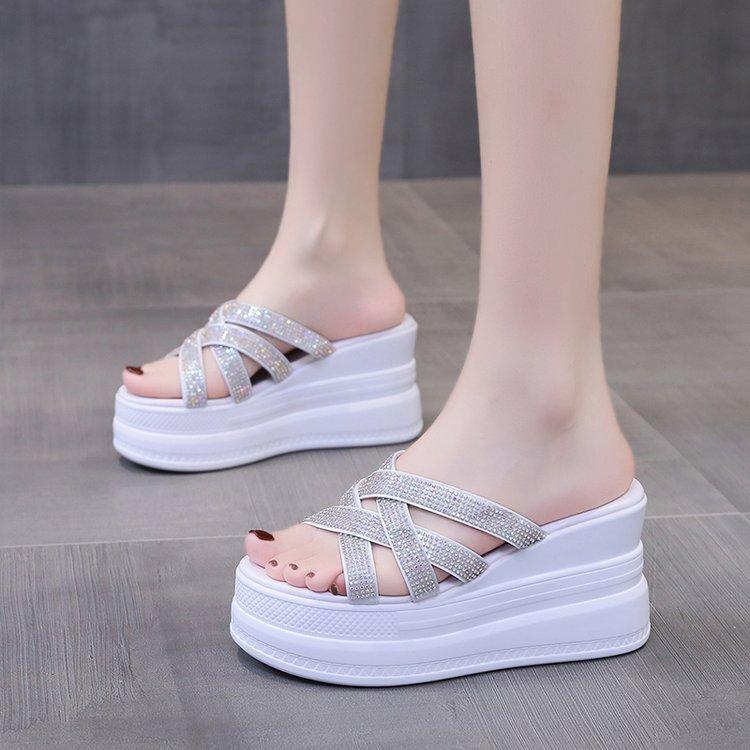 Summer New Fashion Rhinestone Wedge Heel Waterproof Table High Heel Cool Slippers Women's Shoes