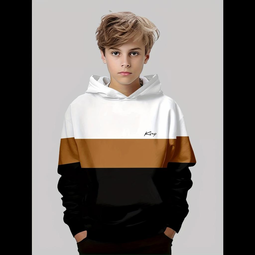 Boys Hoodie Stripe Printed Pullover Long Sleeve Thin Hooded Sweatshirt for Autumn Casual Versatile Classic Color Matching Design