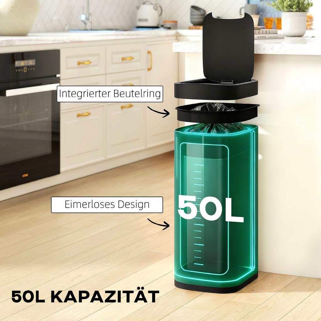 Bidone Sensore da 50L, Bidone Automatico da Cucina, Comando Manuale, Alimentato a Batteria, Senza Sacco Interno, per Cucina, Camera da Letto