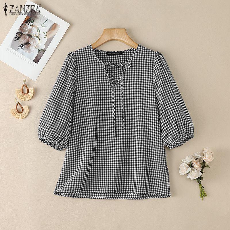 ZANZEA Women Plaid Print Casual Roujnd Neck 3/4 Sleeve Loose Blouse
