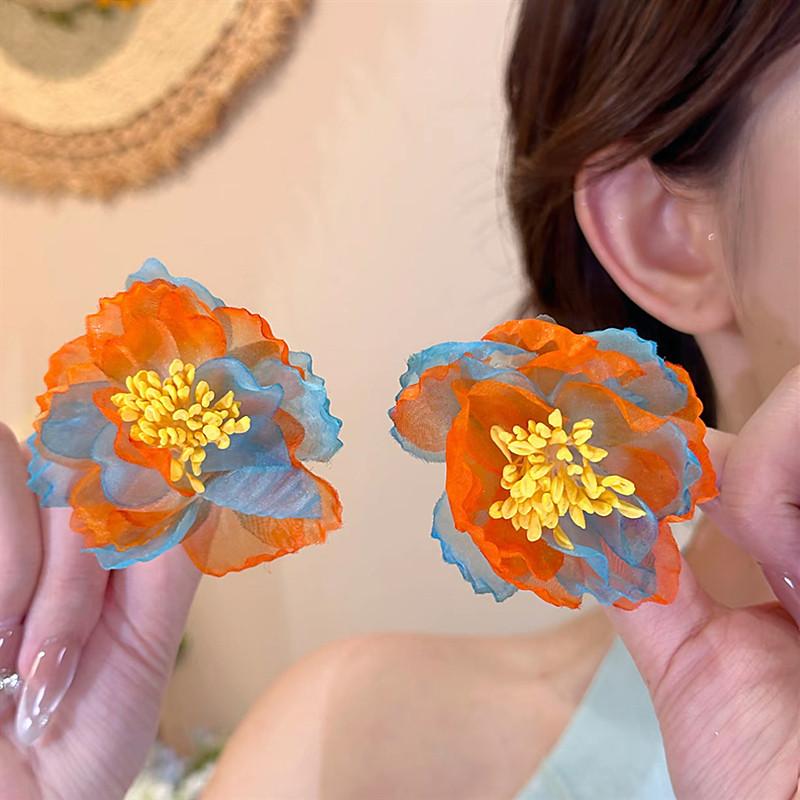 Ear Flower~ Silver Needle Chiffon Flower Stud Earrings, Island Exaggerated Personality Vacation Style Earrings, Niche Design Earrings