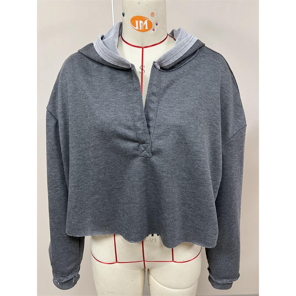 

women s Solid Color V Neck Half Zip Oversized Cropped Long Sleeve Hoodie Casual Sweatshirt Top XL брудно-білий