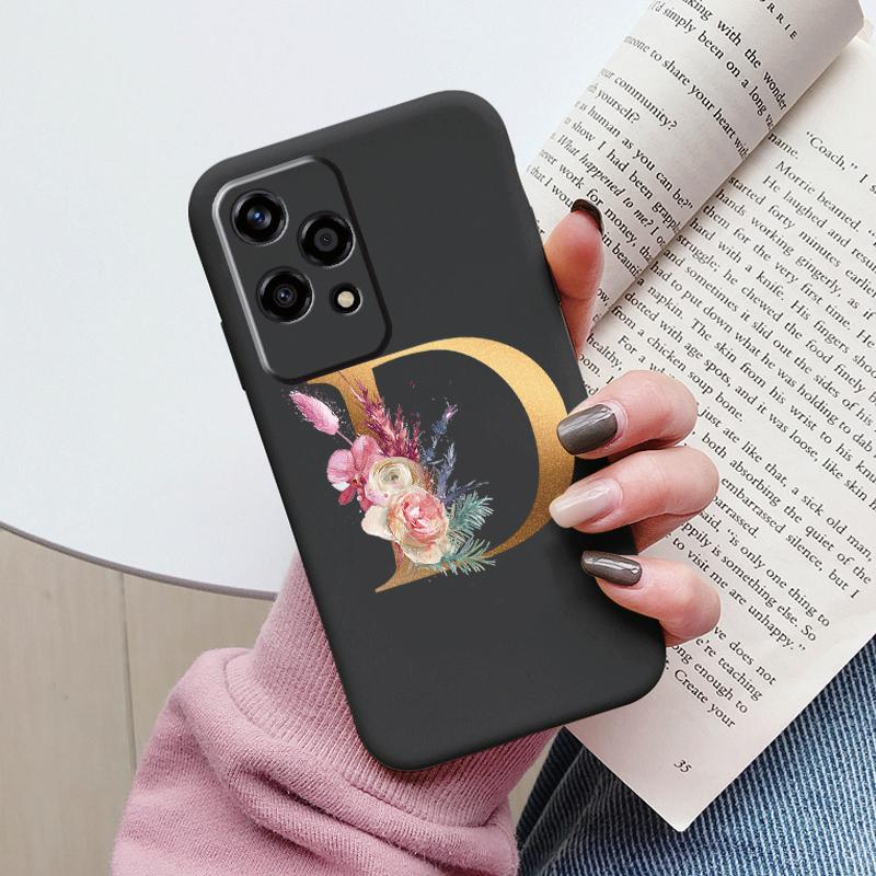 Gold Letter Case For Honor 200 Pro Lite Smart Black Shell Soft Cover For Honor 200Lite Protector Shockproof Funda Pink Flower