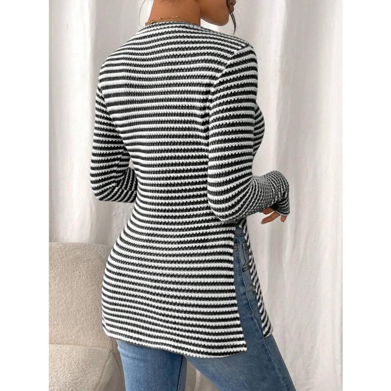 Damenmode Lässig Frühling Herbst Streifendruck Langarm O-Ausschnitt Blusen & Hemden