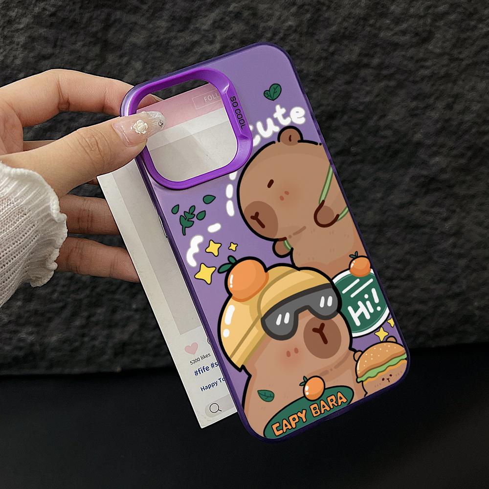 Lovely Cartoon Capybara Phone Case for iPhone 17 Air 16 16e 15 14 Plus 13 12 11 Pro Max X Xs XR 8 Colorful Silver Hard Cover