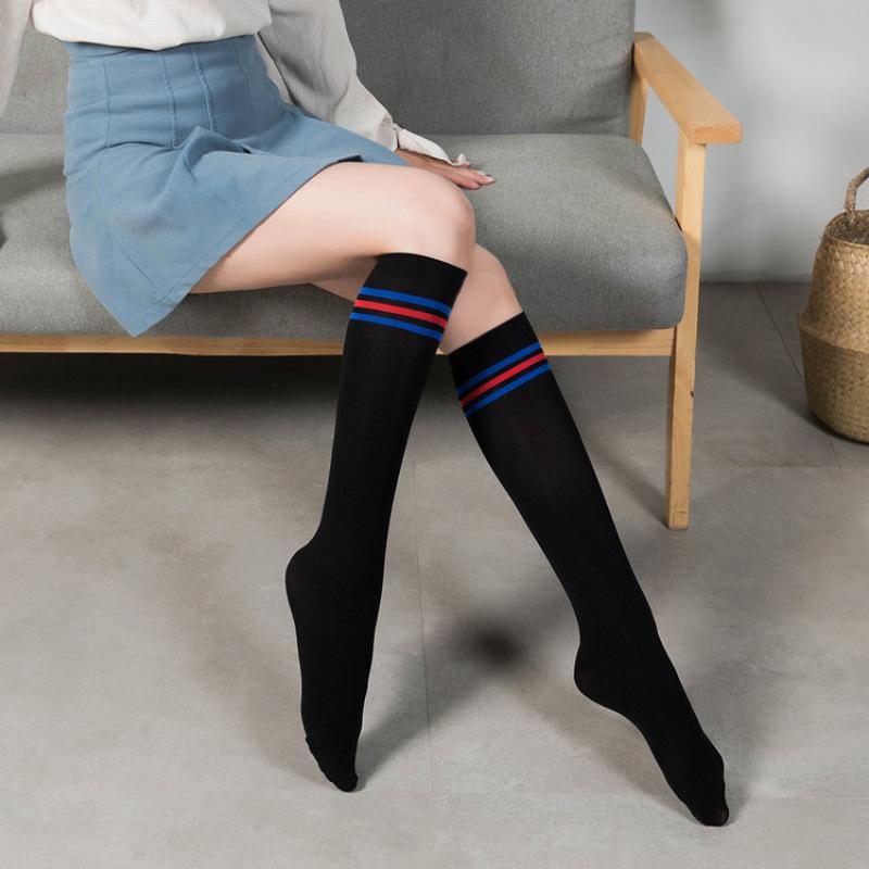 Black & White Striped Over-the-Knee Velvet Socks - Student Mid-Calf JK Slimming Socks