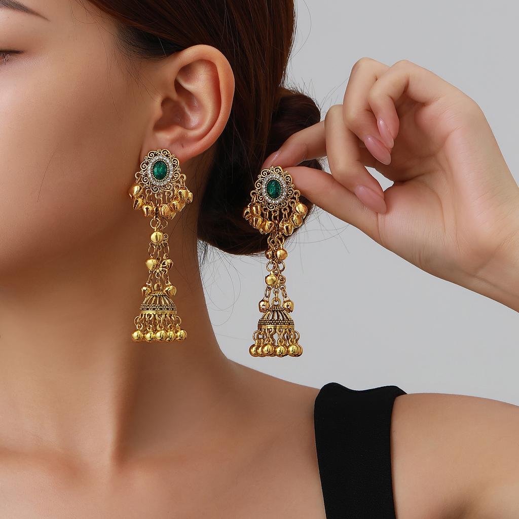Ethnic style colored diamond-set flower fringed earrings women's retro bohemian earrings European and American exaggerated earrings