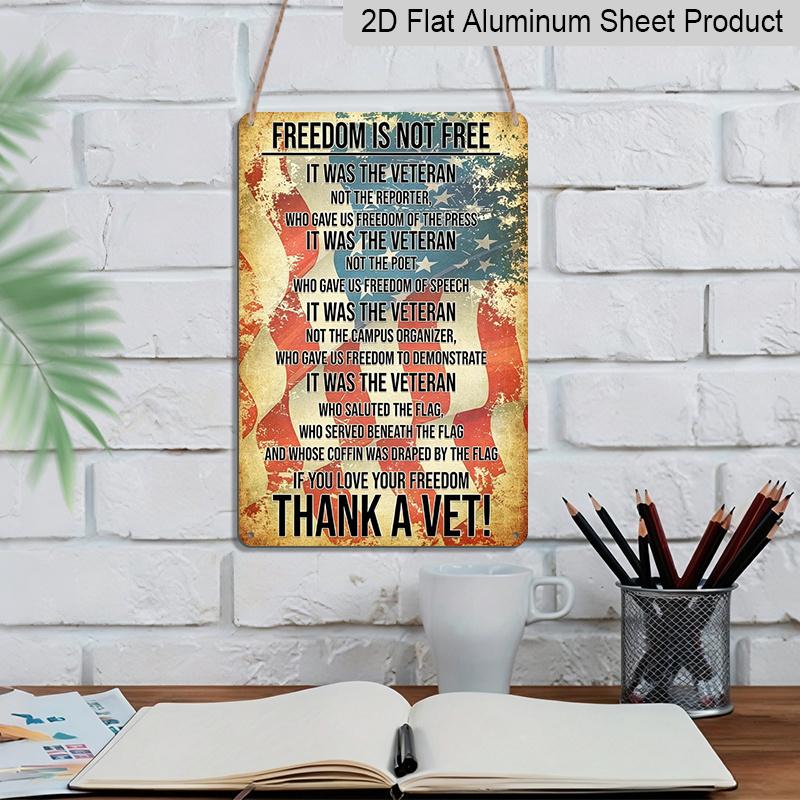 2D Flat, 1pc Vintage Patriotic Metal Wall Sign - "Freedom Is Not Free Thank A Vet" American Flag Design, 8x12 Inch Rustic Aluminum Home Decor for