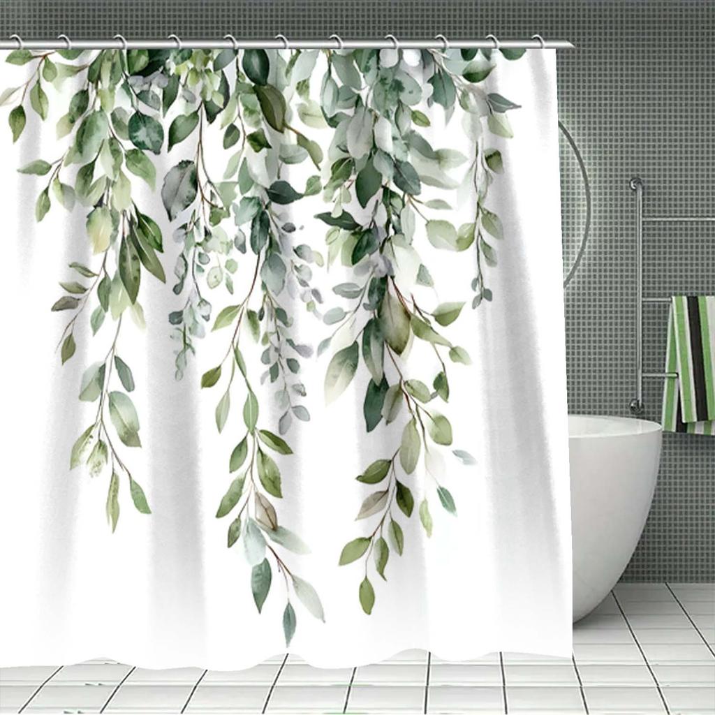 Set Of 4 Green Leaves, Waterfall, Simple Pattern Shower Curtains With Hooks, Bathroom Divider Curtains, Machine Washable