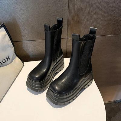 Fashion New Leather Platform Motorcycle Boots for Women Autumn Winter Soft Sole Increase Women's Shoes Fashion Black Ankle Boots Female