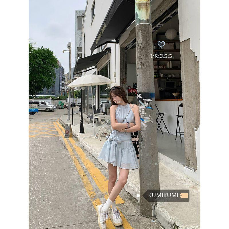 French Summer Bows Lace up A- line Skirt Halterneck