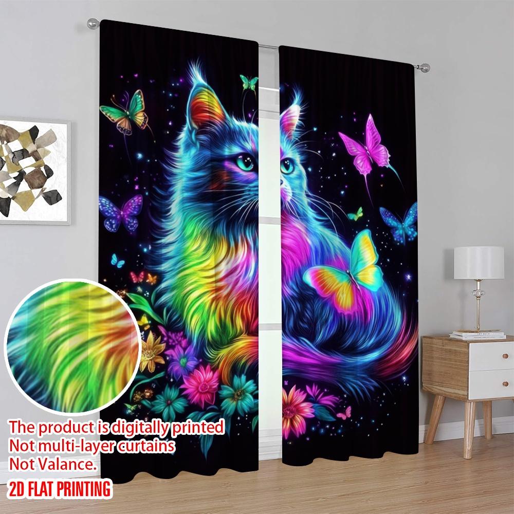 2pcs,2D Plane Printing Popular Curtains Neon Dream Cat Polyester Easy Install (without Rod) Festive for Kitchen, Bedroom &