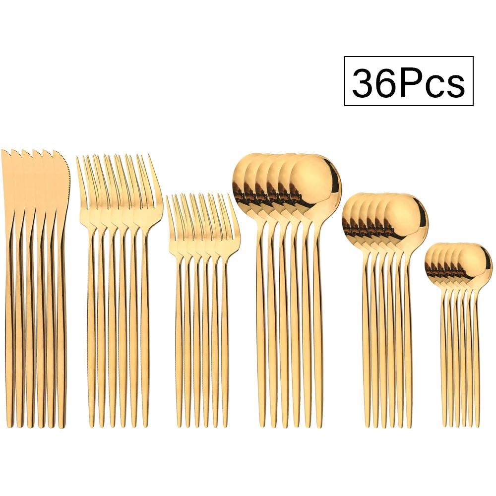 36Pcs Black Cutlery Sets Stainless Steel Knife Fork Spoon Tableware Dessert Mirror Flatware Set Festival Kitchen Dinnerware Gift
