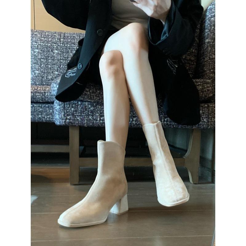 High-heeled Short Boots Autumn and Winter French Suede Apricot Thin Rear Zipper Thick Heel Elastic Thin Boots