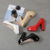 Fashion Comemore Round Toe Slip-On Square Heeled Pumps High Heel Patent Leather Ladies Zapatos Mujer 2025 Plus Size 43 Women Dress Shoes